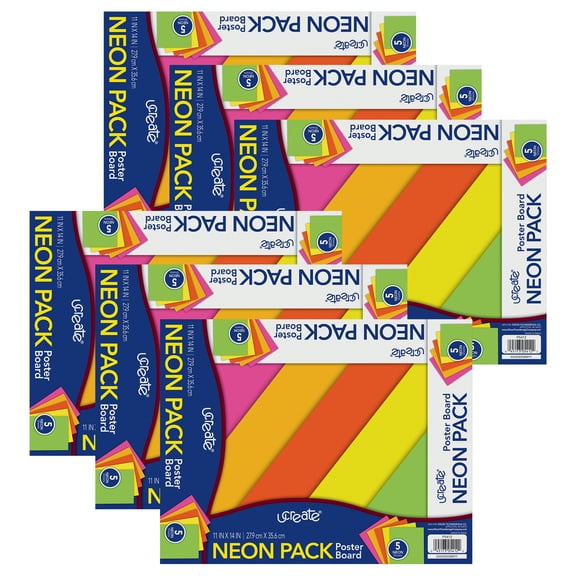 UCreate Poster Board, 5 Assorted Colors, Neon, 11" x 14", 5 Sheets Per Pack, 6 Packs