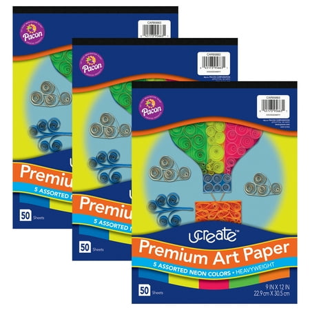 UCreate Premium Neon Art Paper Pad, 5 Assorted Colors, 9" x 12", 50 Sheets, Pack of 3
