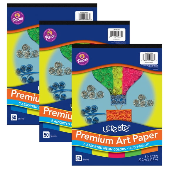 UCreate Premium Neon Art Paper Pad, 5 Assorted Colors, 9" x 12", 50 Sheets, Pack of 3