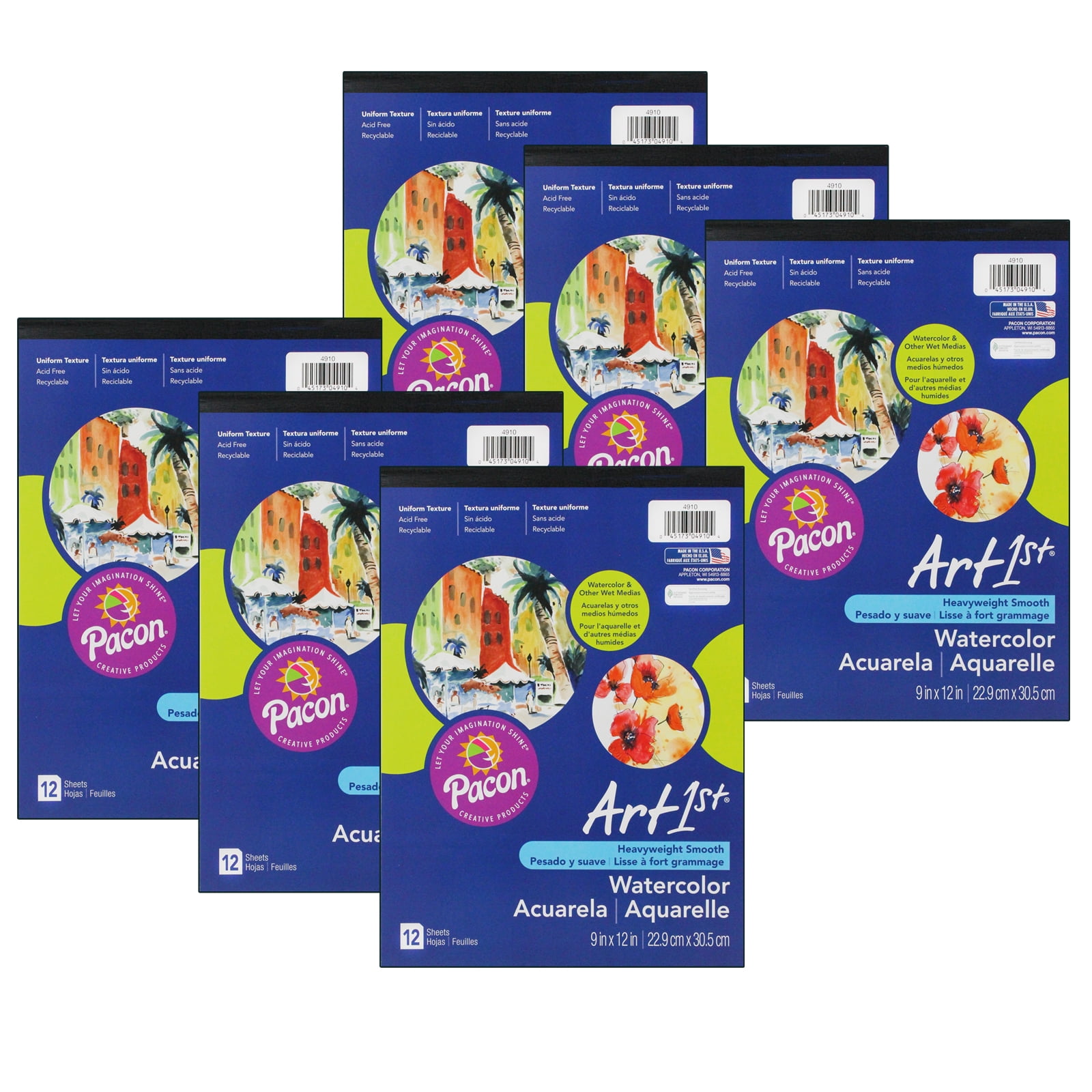 UCreate Watercolor Pad, 90 lb., 9" x 12", 12 Sheets, Pack of 6