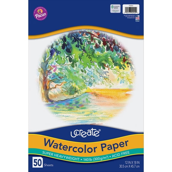 UCreate Watercolor Paper, White, 140 lb., 12" x 18", 50 Sheets