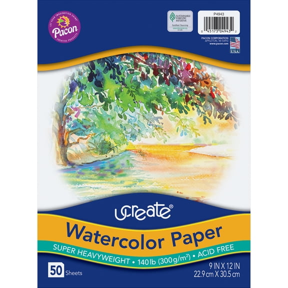 UCreate Watercolor Paper, White, Package, 140 lb., 9" x 12", 50 Sheets