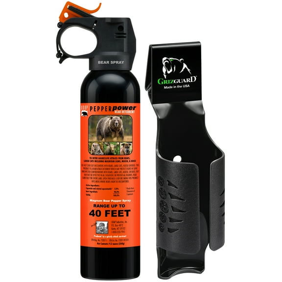 UDAP 15SO Pepper Power Magnum Bear, Mountian Lion, Coyote, Moose, and Dog Pepper Spray with Griz Guard Holster, 40 Foot Bear Fog Deterrent 9.2 oz, Single pack.