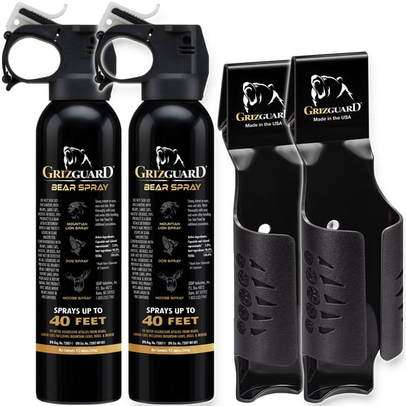 Griz Guard 260GG2 Bear Spray 2 Pack with Holster — 40 ft Range, Maximum Strength EPA-Registered Defense for Bears, Mountain Lions, Coyotes, Dogs & Moose — 9.2 oz Outdoor Hiking & Camping Protection
