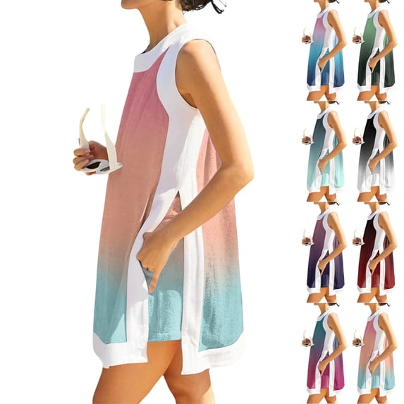 UDAUDU 2 Piece Sets for Women Gradient Vacation Sleeveless Crew Neck Pullover Top Lounge Set Tracksuit Casual Shorts Matching Set with Pocket Pink XL
