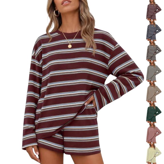 UDAUDU 2 Piece Striped Short Sets for Women Fall Lounge Clothes Long Sleeve Tops and Shorts Loose Fit Comfy Matching Sets Airport Travel Outfit L