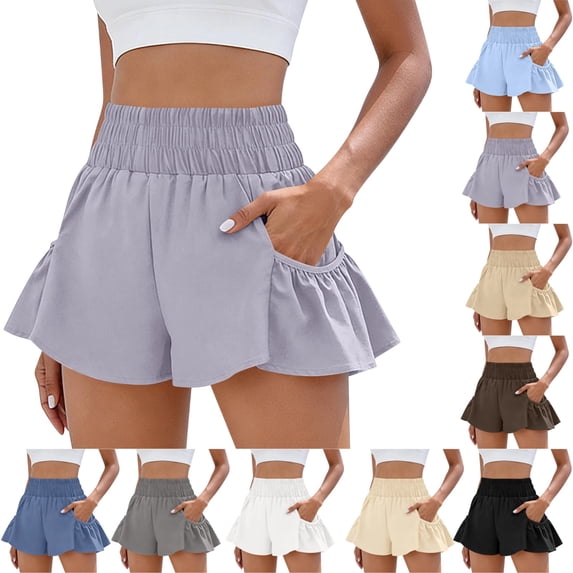 UDAUDU Athletic Shorts Women High Waisted Comfortable Ruffle Shorts Quick Dry with Pockets Summer Short for Running Gym Workout Light Gray 2XL