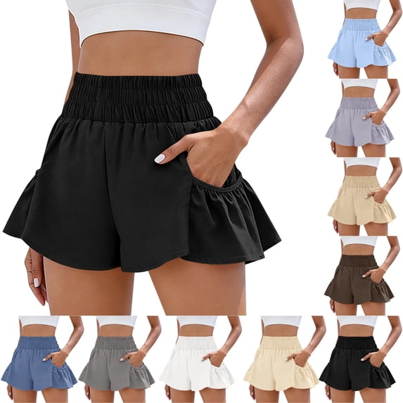 UDAUDU Athletic Shorts for Women Quick Dry Summer High Waisted Boho Shorts Running Gym Lightweight Flowy Ruffle Short with Pockets Black L