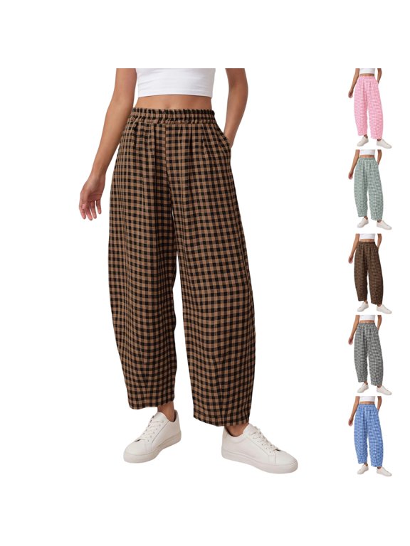 Barrel Pants Women Plaid Cotton Faux Linen Gingham Capri Pants Plaid Palazzo Trousers Harem Pants with Pockets Summer Beach Vacation Pants Brown S