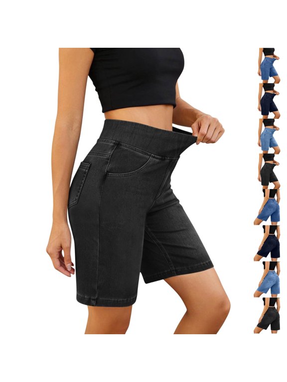 Bermuda Jean Shorts Women High Waisted Tummy Control Stretchy Pull On Denim Pants Knee Length Summer Trendy Jorts with Pockets Black XL