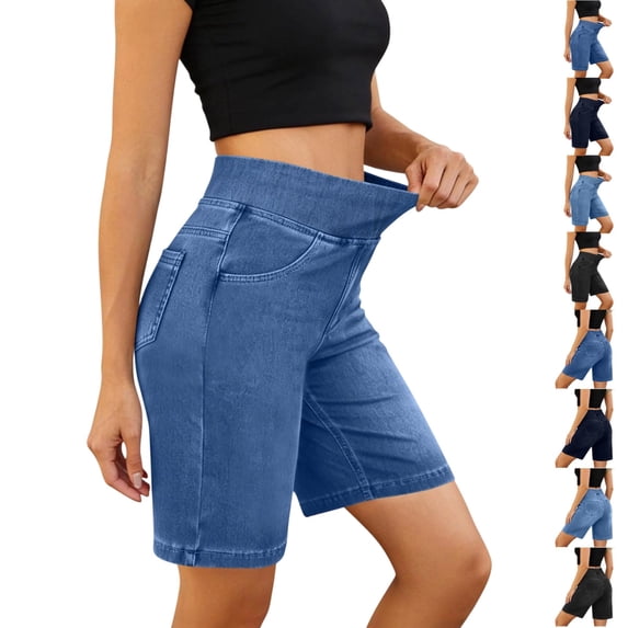 UDAUDU Bermuda Jean Shorts for Women High Waisted Tummy Control Stretchy Pull On Denim Knee Length Shorts with Pockets Blue 2XL