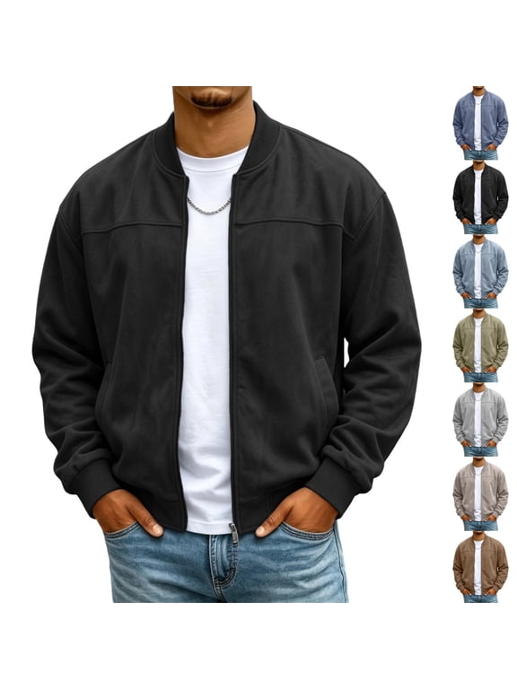 Bomber Jacket Men Fleece Zip up Faux Suede Jackets Loose Fit Comfort Soft Fall Winter Clothes with Pockets 2XL