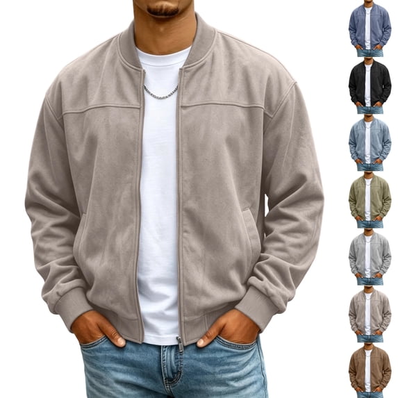 UDAUDU Bomber Jacket Men Fleece Zip up Faux Suede Jackets Loose Fit Comfort Soft Fall Winter Clothes with Pockets M