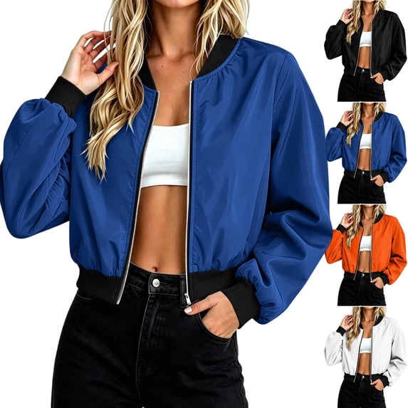 UDAUDU Bomber Jacket Women Casual Lightweight Coat Zip Up Spring Fall Cropped Jackets Fashion Outerwear Clothes with Pockets Blue XL