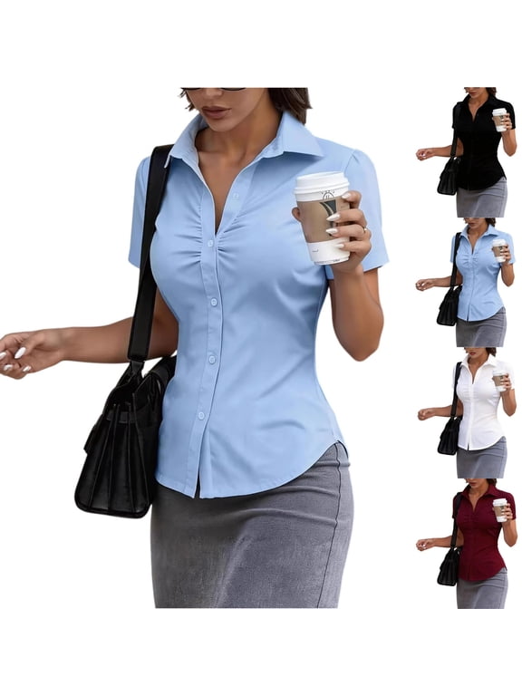 Button Down Shirt for Women Basic Short Sleeve Stretchy Business Collared Shirts Waitress Work Shirt Blue M