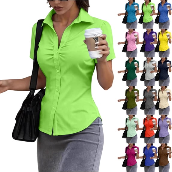 UDAUDU Button Down Shirt for Women Basic Short Sleeve Stretchy Business Collared Shirts Waitress Work Shirt Light Green M