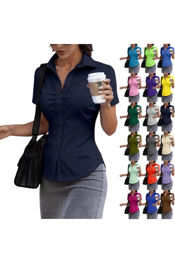 Button Down Shirt for Women Basic Short Sleeve Stretchy Business Collared Shirts Waitress Work Shirt Navy L