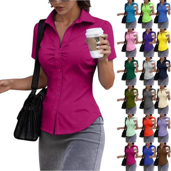 UDAUDU Button Down Shirts for Women Short Sleeve Casual Business Work Fitted Collared Blouse Office Basic Summer Tops Hot Pink L