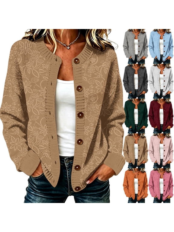 Cable Knit Cardigan Sweater for Women Crew Neck Floral Button Down Business Elegant Fall Winter Cardigan L