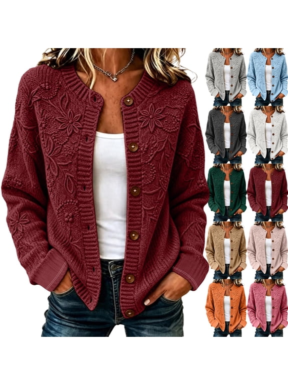 Cable Knit Cardigan Sweater for Women Crew Neck Floral Button Down Business Elegant Fall Winter Cardigan L