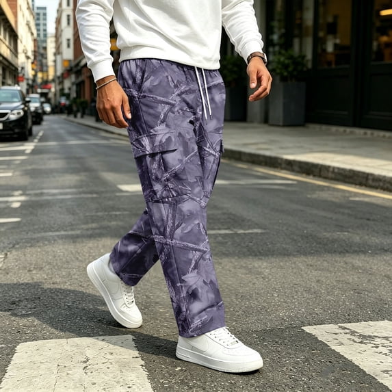 UDAUDU Camo Men's Cargo Pants Trendy Stretch Drawstring Trouser Outdoor Workout Athletic Hiking Sweatpants with Pockets Light Purple L