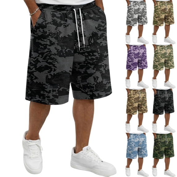 UDAUDU Camo Mens Cargo Shorts Elastic Drawstring Waist Multi Side Pockets Loose Fit Daily Outdoor Casual Shorts Black 4XL