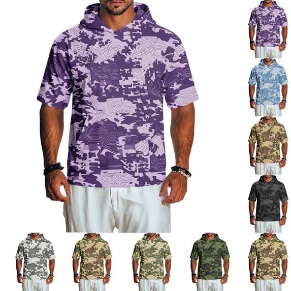 UDAUDU Camo Shitr for Men with Hood Lightweight Breathable Short Sleeve Hoodies Athletic Fall Trendy Tops Purple 2XL