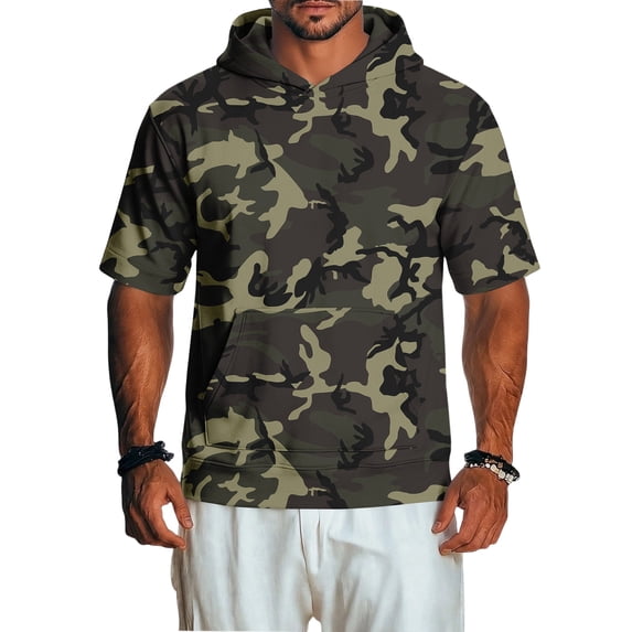 UDAUDU Camo Shitr for Men with Hood Lightweight Breathable Short Sleeve Hoodies Pullover Athletic Workout Fall Fashion Tops Army Green L