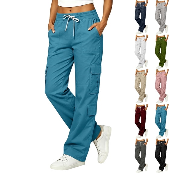 UDAUDU Cargo Pants For Women Y2K Parachute Hiking Track Wide Leg High Waist Workout Pants With Pockets S