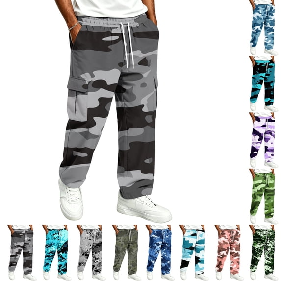 UDAUDU Cargo Pants for Men Camo Fall Lightweight Stretch Drawstring Trousers Casual Trendy Sweatpants with Pockets Gray 2XL