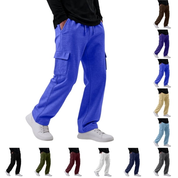 UDAUDU Cargo Sweatpants for Men Baggy Wide Leg Sweatpants with Pockets Multiple Elastic Waist Drawstring Classic Relaxed Fit for Lounging Outdoor Royal Blue L
