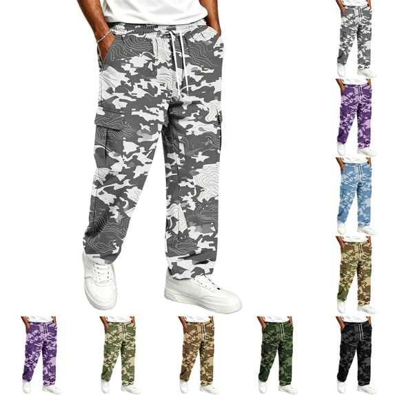 UDAUDU Cargo Sweatpants for Men Camo Hiking Loose Fit Stretch Drawstring Trousers Outdoor Workout Trendy Sweatpants with Pockets Army Green 2XL
