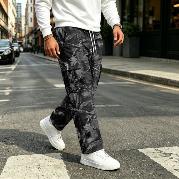 UDAUDU Cargo Sweatpants for Men Camo Trendy Stretch Drawstring Trouser Outdoor Workout Hiking Relaxed Fit Joggers with Pockets Black 4XL