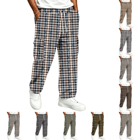 UDAUDU Cargo Sweatpants for Men Plaid Fall Lightweight Stretch Drawstring Trouser Outdoor Workout Hiking Loose Fit Pants with Pockets Dark Blue 3XL