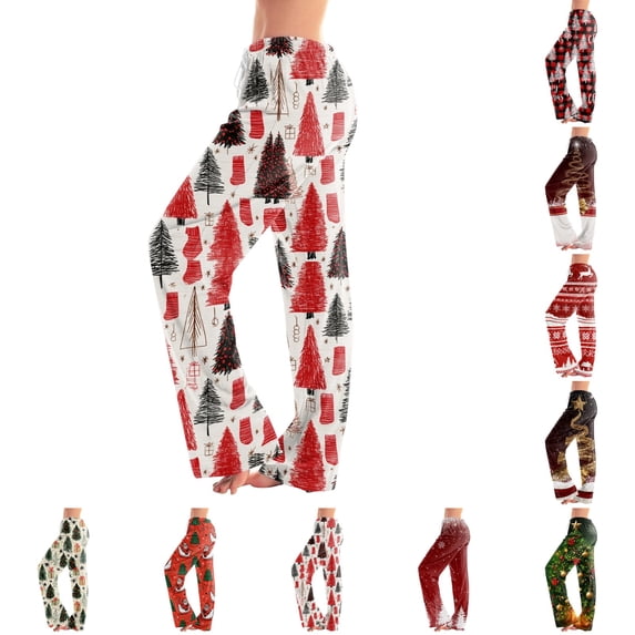 UDAUDU Christmas Pajamas Pants for Women Comfort Xmas Print Wide Leg Pants Drawstring Stretch Loose Fit Pajama Pants M