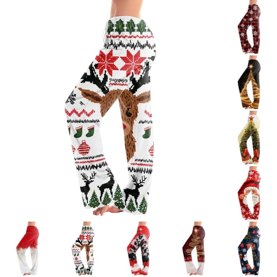 UDAUDU Christmas Pajamas Pants for Women Sleepwear Xmas Graphic Wide Leg Pants Drawstring Stretch Casual Fall Pajama Pants S