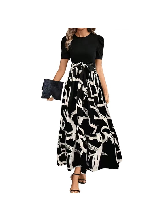 Church Dresses for Women 2026 Spring Summer Vintage Short Sleeve Floral Maxi Dress with Bow Belt Casual Fashion Elegant Teacher Dresses Black 2XL