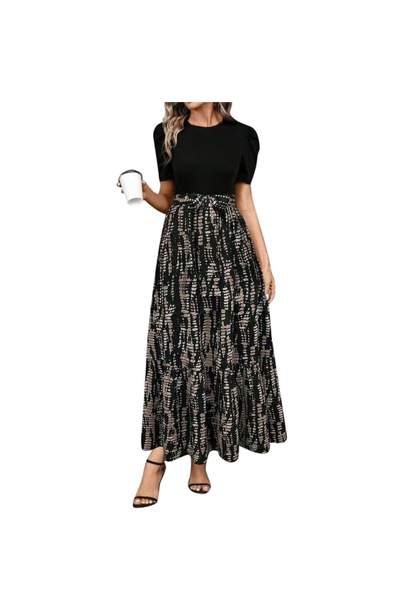 Church Dresses for Women 2026 Spring Summer Vintage Short Sleeve Floral Maxi Dress with Bow Belt Casual Fashion Elegant Teacher Dresses Dark Gray S