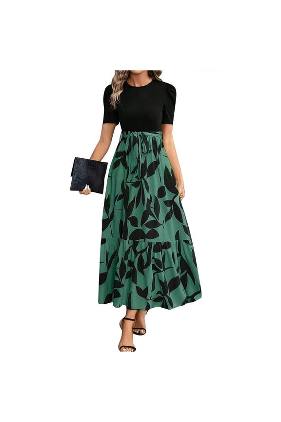 Church Dresses for Women 2026 Spring Summer Vintage Short Sleeve Floral Maxi Dress with Bow Belt Casual Fashion Elegant Teacher Dresses Green S