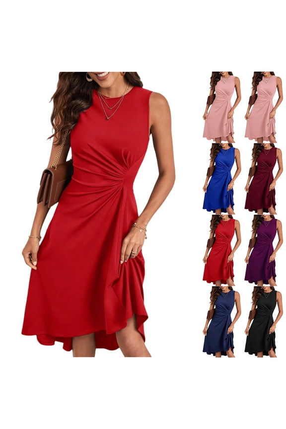Cocktail Dresses for Women 2026 Elegant Sleeveless Ruched Waist Flowy A Line High Low Midi Summer Party Dress Red M