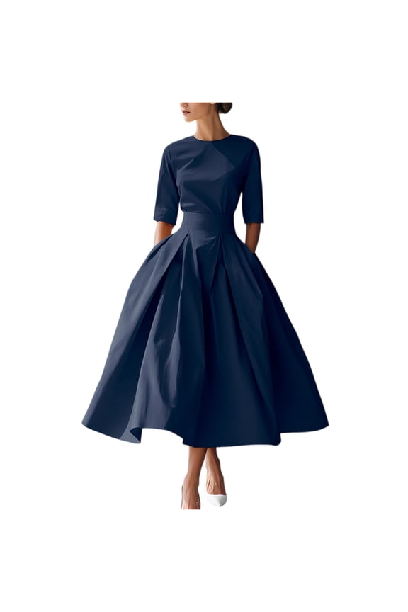 Cocktail Dresses for Women Pleated 1950s Crew Neck Vintage 3/4 Sleeves A Line Formal Church Dress Swing Wedding Guest Dresses Navy 2XL