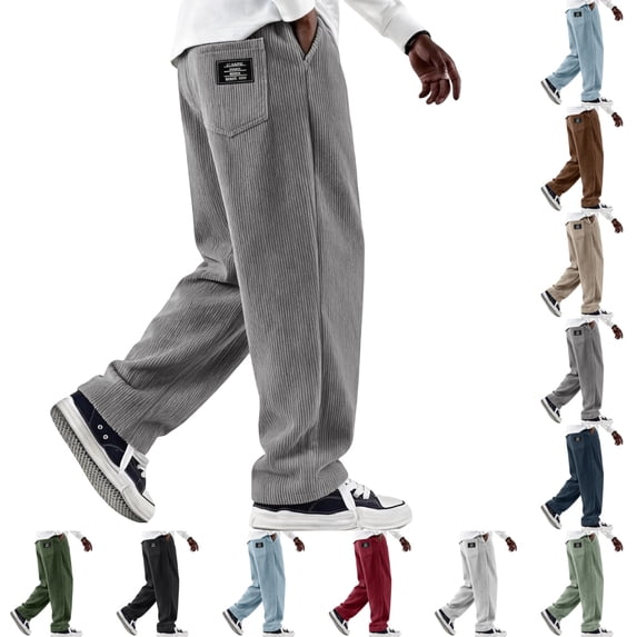 UDAUDU Corduroy Pants for Men Casual Fashion Loose Fit Wide Leg Pants Straight Sweatpants Drawstring Elastic Waist Sweatpants with Pockets Gray L