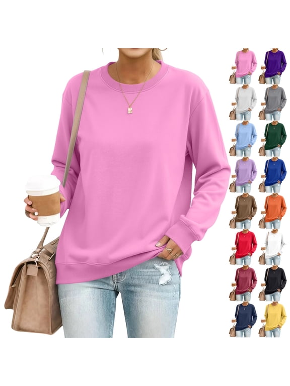 CrewNeck Sweatshirts Long Sleeve Shirts Tops for Women | 2026 Fall Fashion,Lightweight Comfortable,Loose Fit,Crew Neck,Casual Basic Pullover Pink 3XL