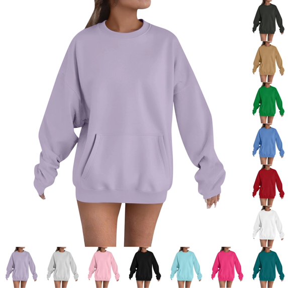 UDAUDU Crewneck Sweatshirts Women Fall Fleece Oversized Sweatshirt with Pockets Loose Fit Cute Hoodies Y2k Fashion Sweatshirts with Pocket Light Purple 2XL
