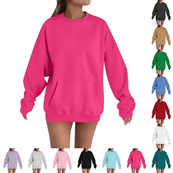 UDAUDU Crewneck Sweatshirts Women Oversized Preppy Sweatshirt Loose Fit Cute Hoodies Y2K Fall Fleece Pullover with Pocket Hot Pink XL