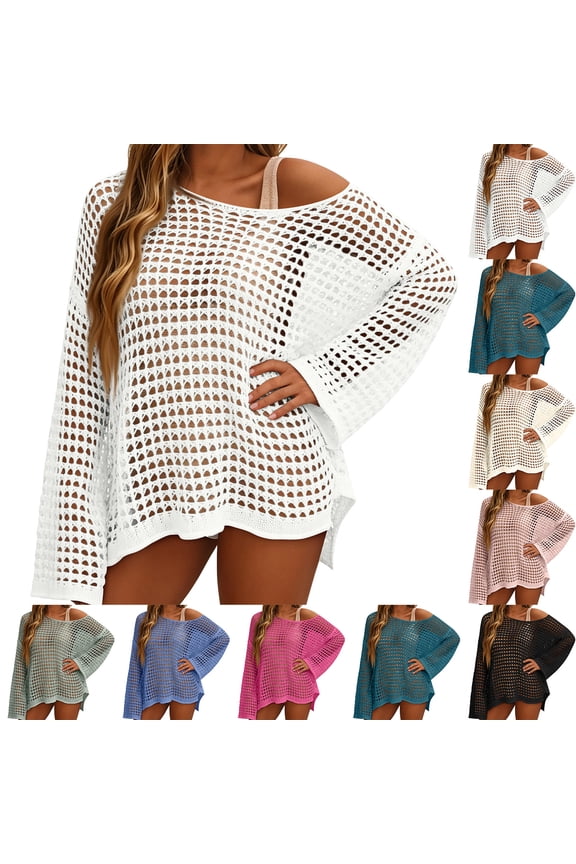 Crochet Cover Up for Women 2026 Summer Oversized Long Sleeve Beach Mesh Knit Bathing Suit Swim Coverups Mini Dress White XL
