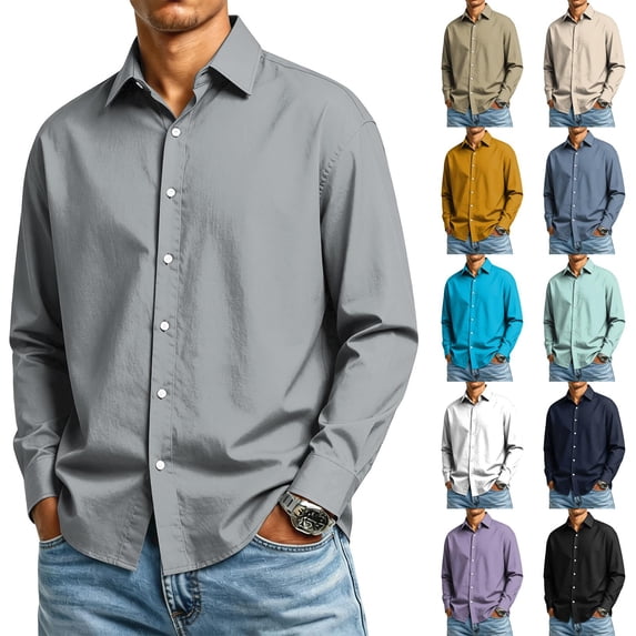 UDAUDU Dress Shirts for Men Casual Button Down Long Sleeve Shirt Summer Fall Breathable Shirts Business Vacation Outfits Gray XL