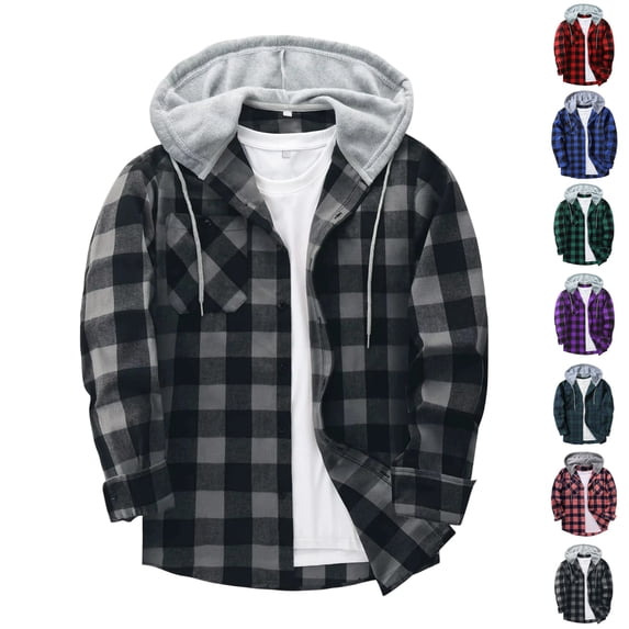 UDAUDU Flannel Hoodie Shirt for Men Button Down Plaid Shirt Casual Long Sleeve Office 2026 Fall Fashion Hoodie Shirts with Pocket L