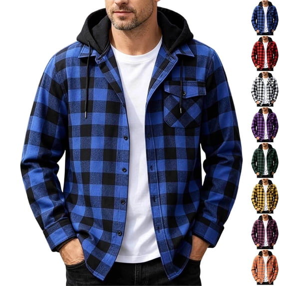 UDAUDU Flannel Shirts for Men Hoodie Shirts Casual Button Down Plaid Shirt Jackets for Men Long Sleeve Stylish Hooded with Pocket Blue S