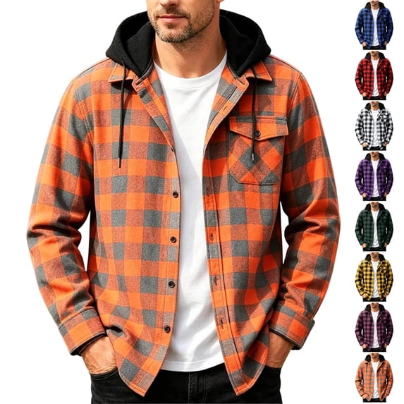 UDAUDU Flannel Shirts for Men Hoodie Shirts Casual Button Down Plaid Shirt Jackets for Men Long Sleeve Stylish Hooded with Pocket Orange M